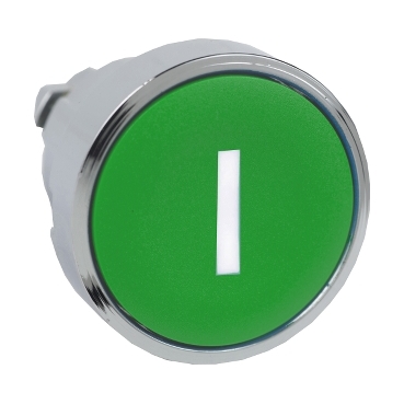 [ZB4BA331] CABEZA PULSADOR DIÁMETRO 22 RASANTE VERDE "I" BLANCO EMBELLECEDOR METÁLICO, SCHNEIDER