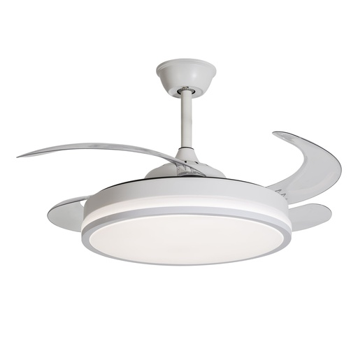 VENTILADOR TECHO DC LUZ LED 4 ASPAS RETRÁCTIL BLANCO / CROMADO, KUKEN
